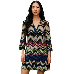 ANALILI BOHO ZIG ZAG RETRO VTG LONG SLEEVE VNECK COLORFUL MINI DRESS S